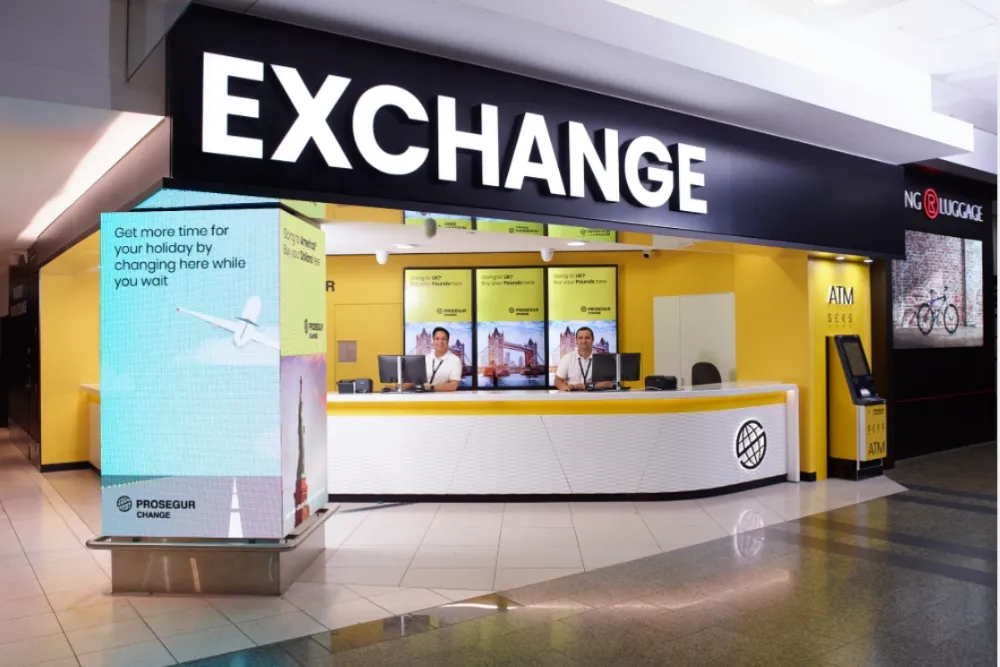 A Prosegur Change Bureau de Change where customers can exchange foreign currency and get travel money in an airport.